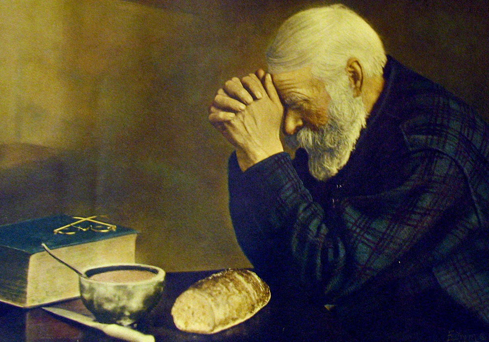 Painting of a man praying before a meal
